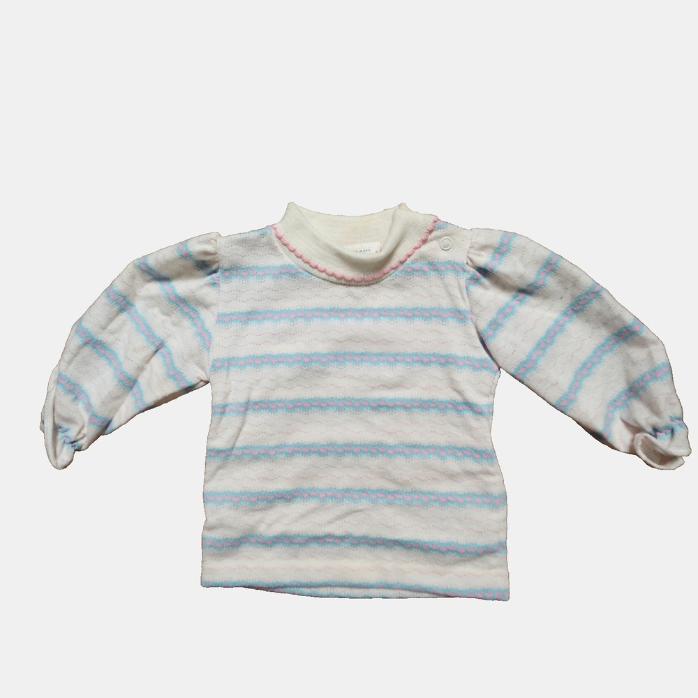 Vintage Health-tex Baby‎ Girl Sweater 9 Mos Puff Sleeve Heart Stripe Pastelcore